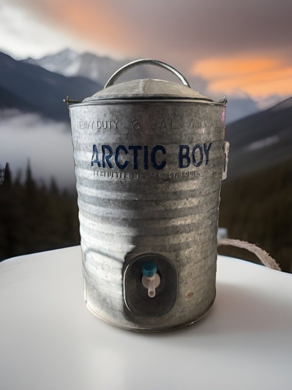 Vintage Arctic Boy 3 Gallon Galvanized Water Cooler Jug Schlueter Wood Handle